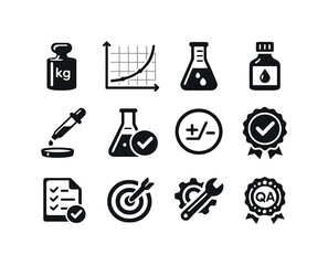 Obraz premium Calibration Icons Grid. Calibration tasks. Solid icon set of Calibration tasks: calibration weight, calibration curve, volumetric mark, standard solution icon,