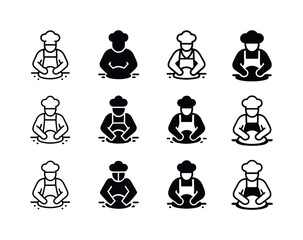 Baker Logos Collection. A baker kneading dough by hand on a flour-covered surface. Icon set. Set Logo of a baker kneading dough by hand on a flour-covered