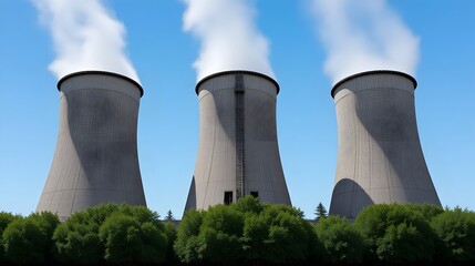 Cooling towers emitting steam into clear blue sky