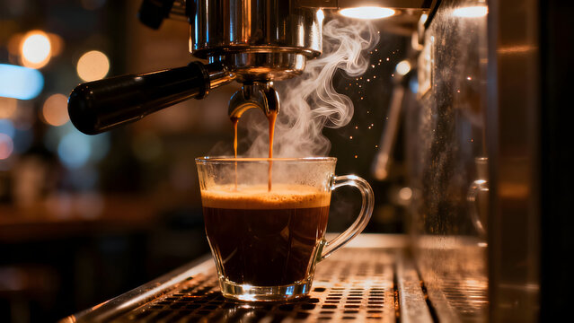 Fresh hot espresso coffee brewing from espresso machine with steam in cafe - Powered by Adobe
