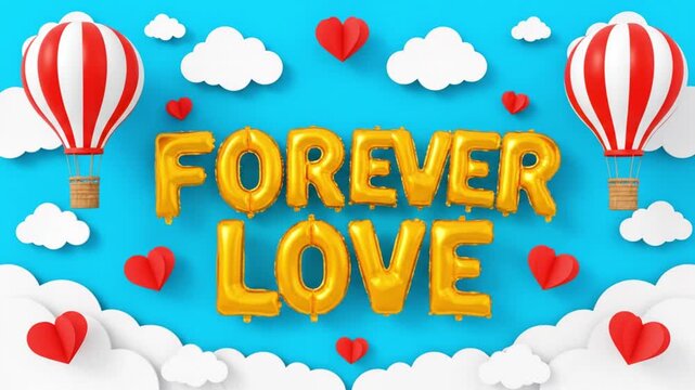 A playful animation with Forever Love golden balloon text, hot air balloons, and red hearts, perfect for an eternal love message on Valentine's Day