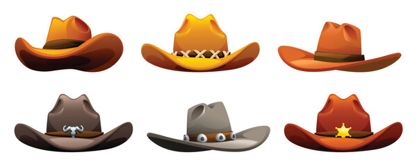 Collection of various western cowboy hats with different colors and decorations. Vector cartoon illustration