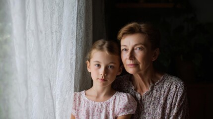 Portrait of a mother and daughter. the mother is on the right side of the image, with her head resting on the daughter's shoulder.