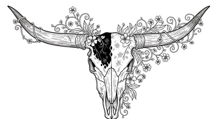 Floral Longhorn Skull Illustration - Western Art with Botanical Elements.