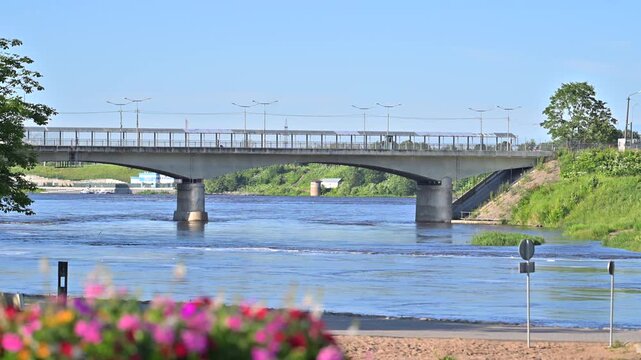 Narva River Border Bridge Between Estonia and Russia with pedestrians walking to Ivangorod, July 2025