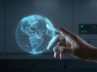 A human hand interacting with a glowing blue holographic projection of the Earth, representing global technology and future connectivity.