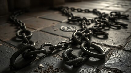 shackles. Rusted iron chains and broken manacles on a stone floor in dim light. public awareness campaigns, NGO reports, designed for public awareness campaigns and NGO communications.