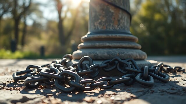 liberated. Broken iron chains at the base of a stone pedestal in bright sunlight, symbol of freedom. event programs, museum guides, designed for cultural heritage projects and event programs.