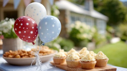 Australian celebration with flag balloons and backyard picnic sweets