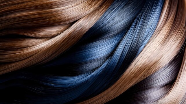 Luxurious flowing hair strands in rich brown and deep blue tones creating elegant waves with glossy texture and natural movement for beauty concepts.