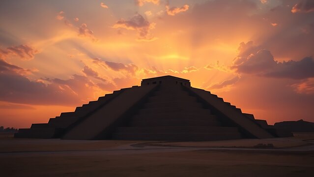 ziggurat. A massive stepped ziggurat ruin under a dramatic sunset sky, silhouette view. inspiring travel planning, real-estate listings, designed for interior renovation comparisons for interiors.