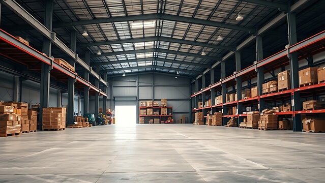 transmigration. Industrial warehouse interior with clean concrete floor and high ceiling. real-estate listings.