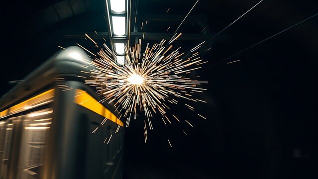 pantograph. Train's pantograph sliding against wires in dark tunnel with motion blur and sparks. mobility guides, transit brochures, designed for transport & logistics marketing.