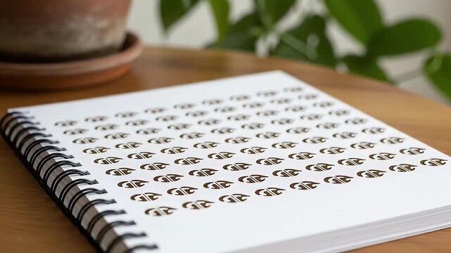 Spiral bound notebook with repeating eye pattern on wooden table with plant.