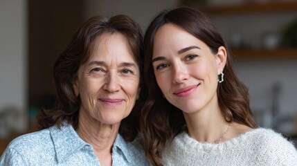 Portrait of two women, one older and one younger, standing close together and smiling at the camera.