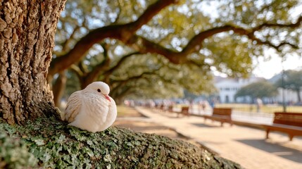 White dove resting on mossy tree branch in tranquil park setting