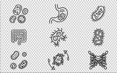 Microbiology and Bacteria Black Outline Icons Set &ndash; Virus, Germ, Cell, Digestive System Line Vector Isolated on Transparent Background