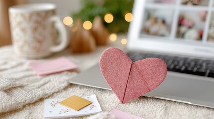 Red origami heart on laptop keyboard reflecting love and technology in modern workspace