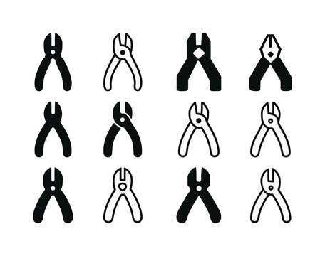 Sapper Logo Variations. Sapper. Icon set. Set Logo of sapper: wire cutters. harmonious logo variations: Filled silhouette, Minimal outline, Negative space,