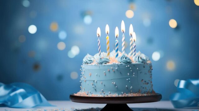A close-up video angle of a blue birthday cake with lit candles, set against a blurred bokeh background, creating a festive and celebratory mood. Live desktop wallpaper.