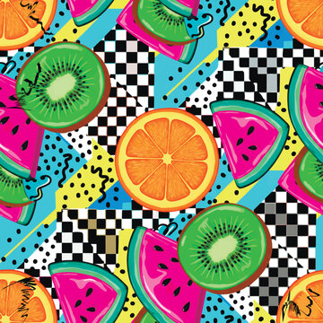 Vibrant seamless pattern with fruits in 90s Memphis style. Colorful background with kiwi, orange, and watermelon slices, checkers, and dots. Trendy retro vector food ornament.