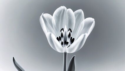 Black and white macro shot of a white tulip with an open bloom and contrasting stamens against a gradient gray background. AI-generated.