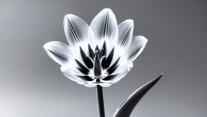 Black and white macro shot of a white tulip with an open bloom and contrasting stamens against a gradient gray background. AI-generated.