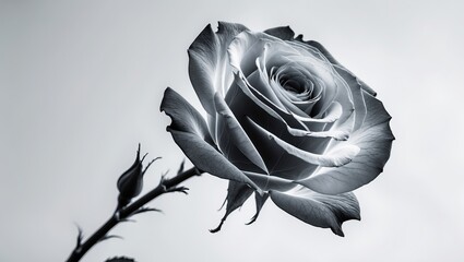 Elegant black and white rose with dramatic light and shadow contrast, isolated on a light background. AI-generated.