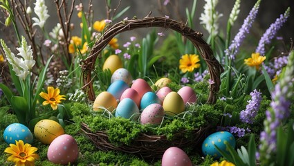 Easter basket filled with colorful eggs, nestled in moss and surrounded by spring flowers in a magical forest setting. AI-generated.