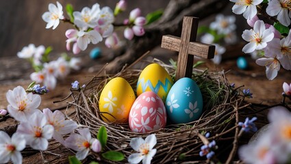 Easter eggs in a nest with a wooden cross and blooming branches, set against a rustic wooden background. AI-generated.