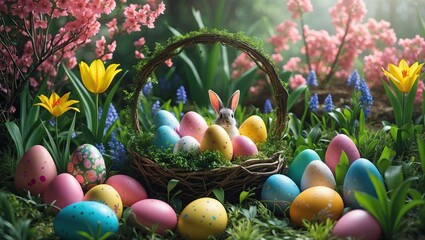 Easter basket filled with colorful eggs, nestled in moss and surrounded by spring flowers in a magical forest setting. AI-generated.