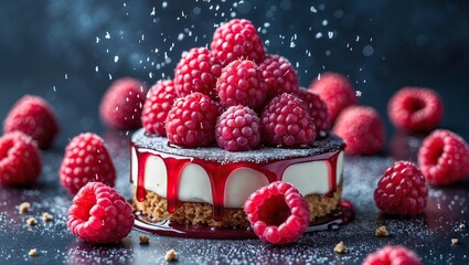 Delicious raspberry dessert: cheesecake with berry sauce and powdered sugar, topped with fresh raspberries against a dark background. AI-generated.