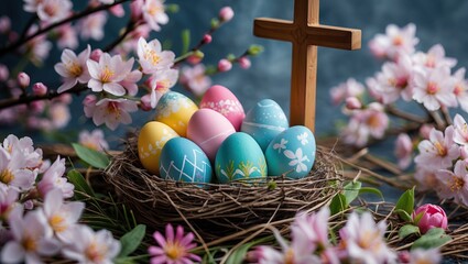 Easter eggs in a nest with a wooden cross and blooming branches, set against a rustic wooden background. AI-generated.