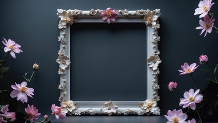 Luxurious white vintage frame adorned with delicate pink flowers at the corners, set against a dark background. AI-generated.