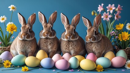 adorable Easter bunnies sitting amidst colorful eggs and spring flowers against a blue background. AI-generated.