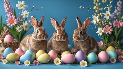adorable Easter bunnies sitting amidst colorful eggs and spring flowers against a blue background. AI-generated.