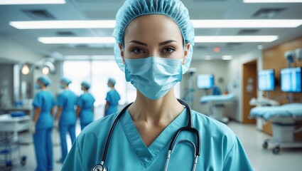Nurse in blue scrubs and mask standing in a modern hospital ward, looking confidently at the camera. AI-generated.