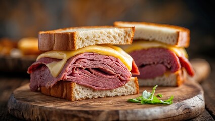 Appetizing sandwich with ham and cheese, served on a wooden board. AI-generated.