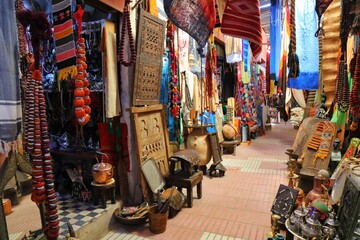 Moroccan souk market - flea market variety products at Taroudant marketplace in Morocco.