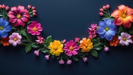 Elegant floral frame of pink, purple, and blue flowers on a dark blue background with copy space. AI-generated.