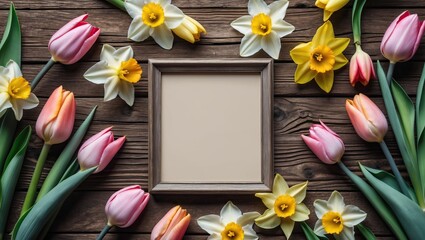 Spring composition with tulips and daffodils surrounding an empty wooden frame on a rustic wooden background. AI-generated.