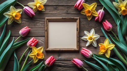 Spring composition with tulips and daffodils surrounding an empty wooden frame on a rustic wooden background. AI-generated.