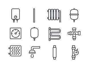 Plumbing System Icons. In-wall pipe routing diagram. Line icon set of water heating system: boiler icon, hot water line, radiator panel, thermostat gauge,