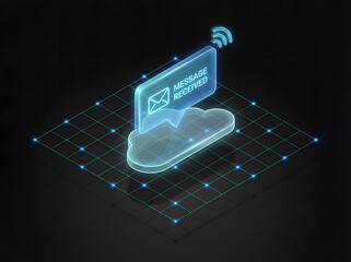 Isometric digital illustration of a cloud computing icon with a message notification and wireless signal, representing data transfer and communication in a network environment.