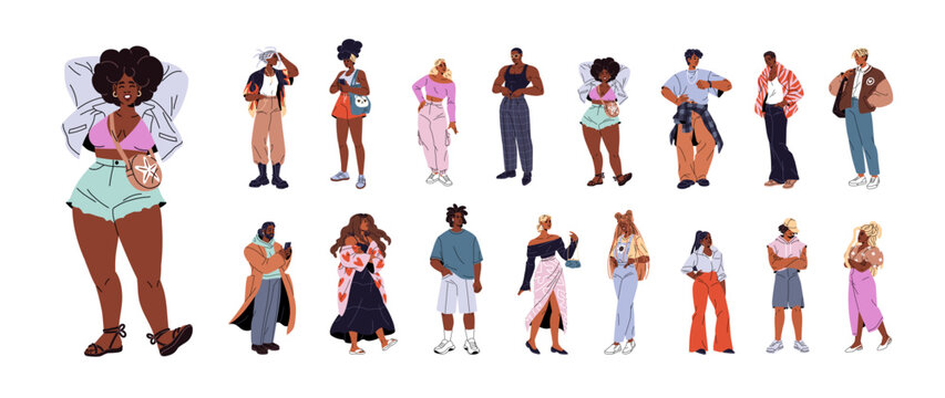 African American people wearing stylish clothes set. Black men and women in fashion outfits. Happy and smiling girls and boys in trendy looks. Flat isolated vector illustrations on white background