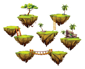 Obraz premium Floating islands with rope bridge, wooden ladders and tropical palm trees. Vector cartoon illustration