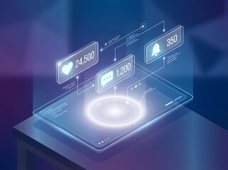 Isometric digital tablet displaying holographic social media interface with glowing icons and engagement metrics.