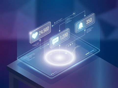 Isometric digital tablet displaying holographic social media interface with glowing icons and engagement metrics. - Powered by Adobe