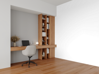 Modern Home Office Niche with Wooden Shelves and Isolated Wall Background, Desk Setup PNG Cutout with Soft Shadow