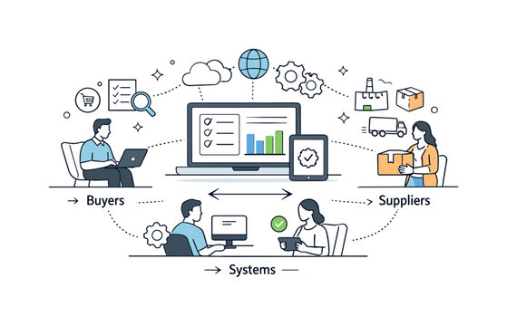 Digital Procurement Ecosystem. End-to-end e-procurement ecosystem. Buyers, suppliers, and systems connected through a unified digital platform. Balanced